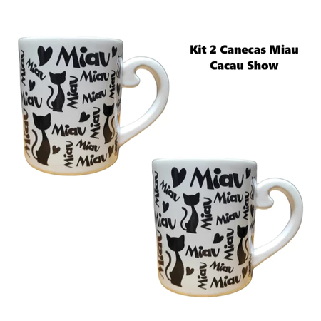 Kit 2 Canecas Cacau Show Miau Branca e Preta 300 ml Chocolate Quente Chá Café