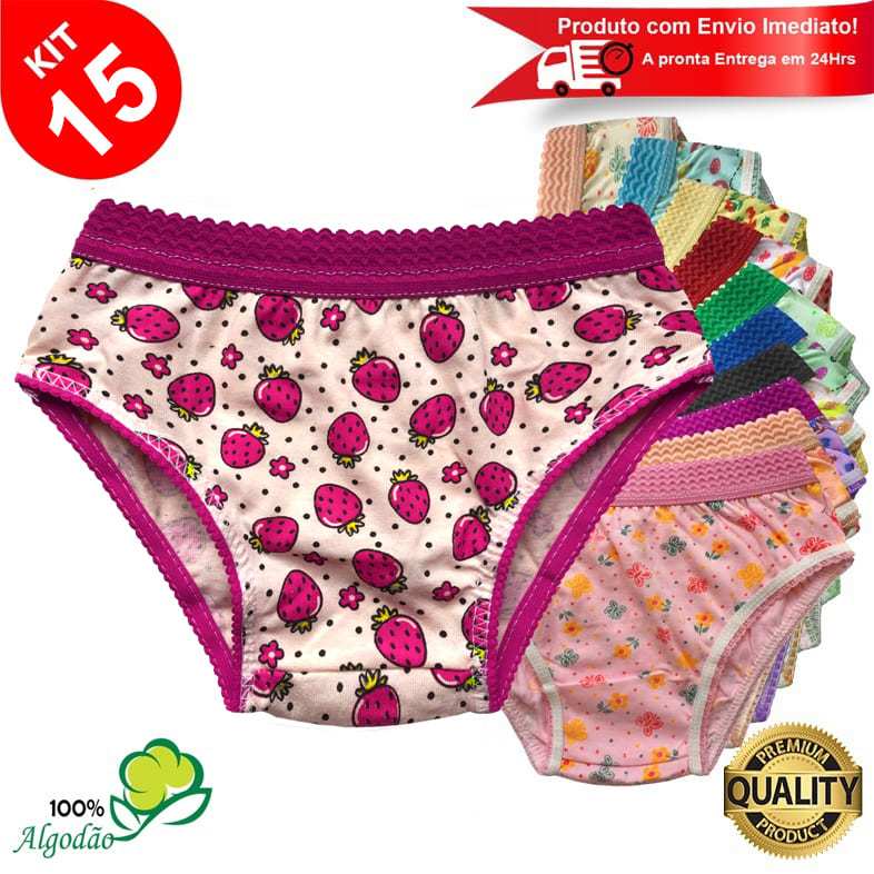 Kit 15 Calcinhas Infantil Algodão Cós Elástico Estampada Menina