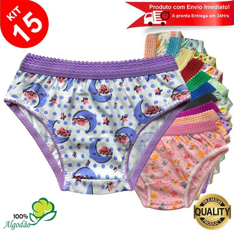 Kit 15 Calcinhas Infantil Algodão Cós Elástico Estampada Menina