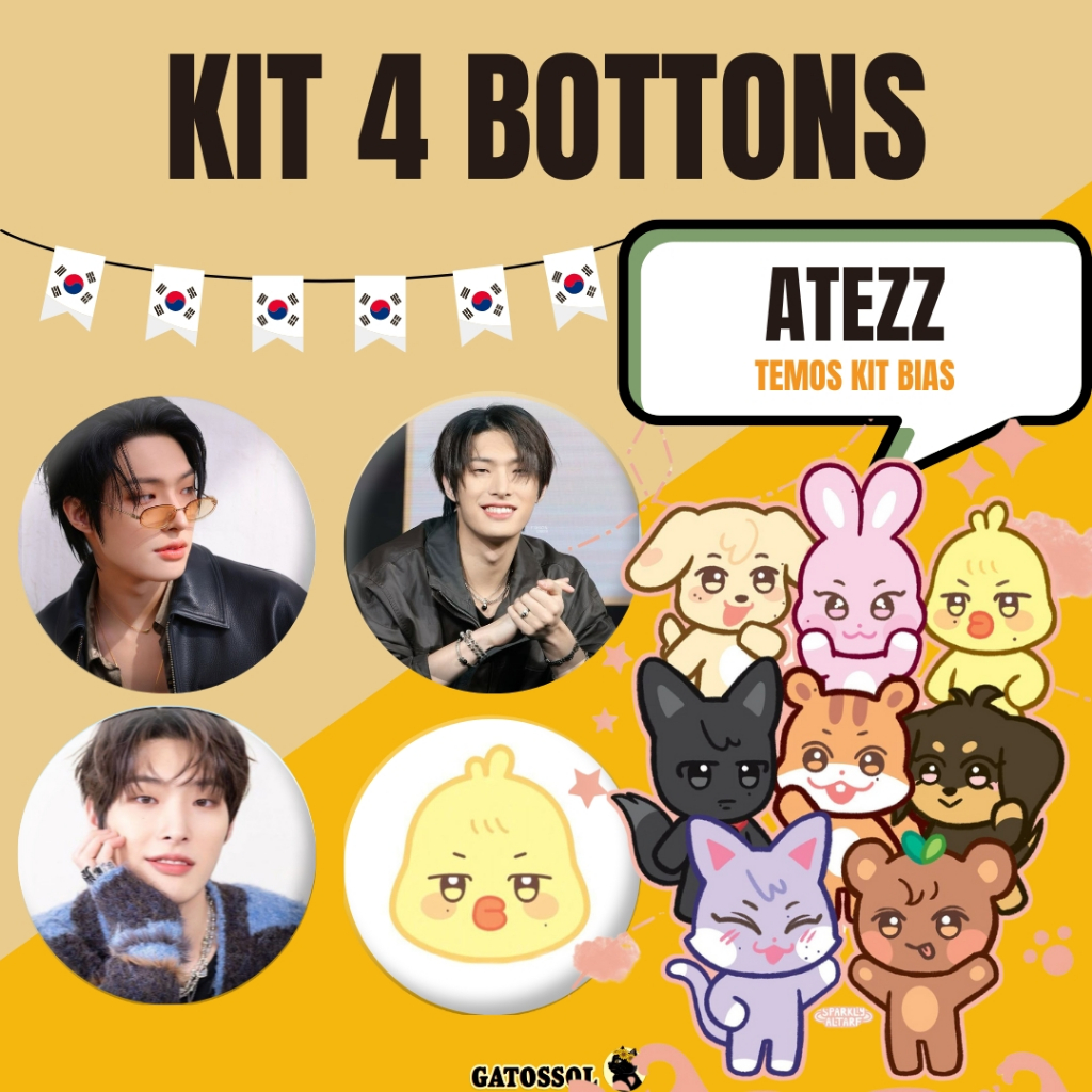 KIT ATEEZ BIAS 4 Bottons 4,5CM Broche KPOP-IDOL-COREANO- Bottom/botton Boton Buton alfinete Boton Button Pin Botum
