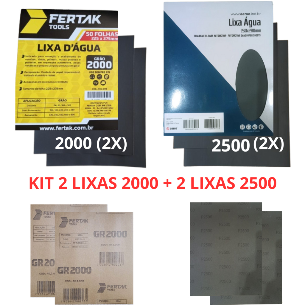 Kit 2 lixas 2000 + 2 lixas 2500 água Folha Grão Polimento Lixamento Acabamento Polido Pintura Farol