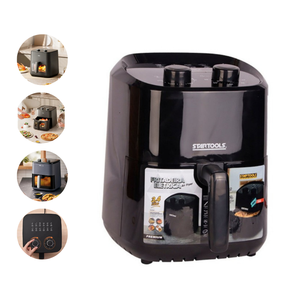Fritadeira Elétrica Air Fryer Preta com Timer Automático + Colher de Silicone de Brinde