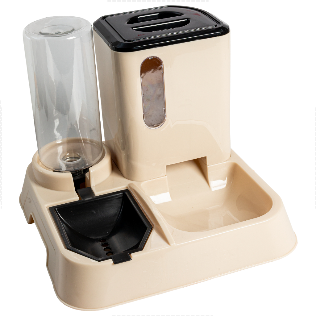 Comedouro e Bebedouro Automatico Pet para Cachorros Cães e Gatos Elevado com Porta Ração Agua Bege