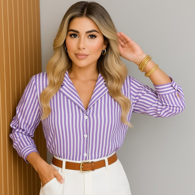 Camisa social feminina listrado manga longa preto