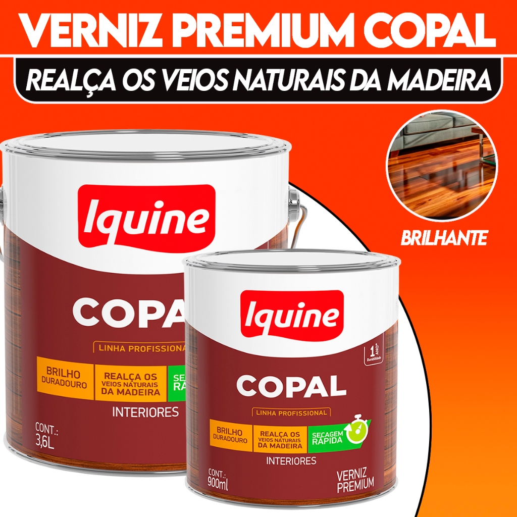 Verniz iquine Copal Incolor Areas Internas Acabamento Brilhante 3,6 Litros/ 900ml