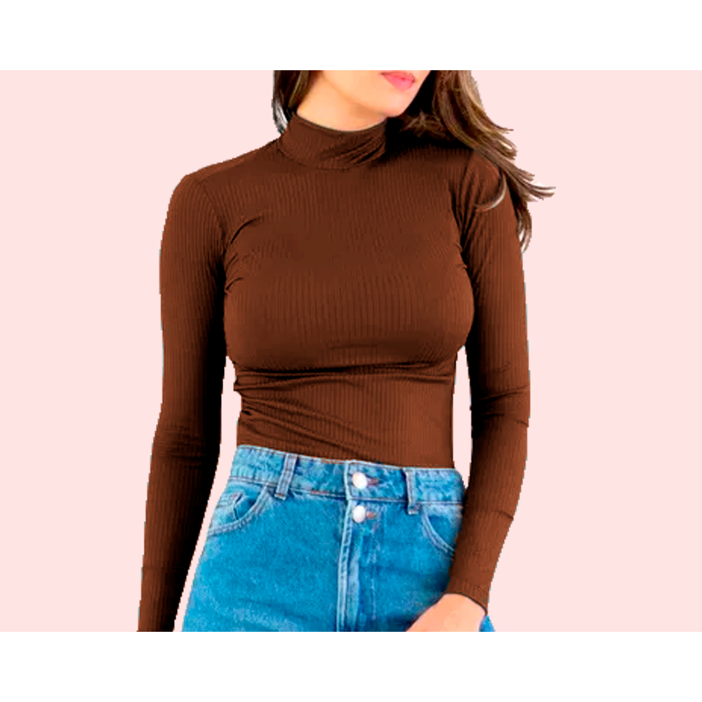Blusas Feminina Manga Longa Cacharrel Confortável Básico Gola Alta