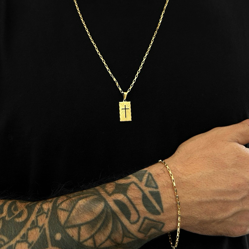 Corrente Masculina 70cm Cruz + pulseira | Banhada a Ouro 18k Premium