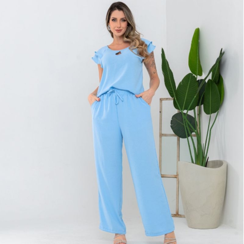 Conjunto Feminino Blusa Manga Curta Com Babado+Calça tecido duna Premium: leve, macio, fresco e de alta qualidade