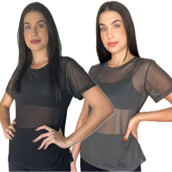 kit 2 Blusa Tule Feminino Academia Furadinho Transparente Fitness Manga Esportivo Moda Fitness