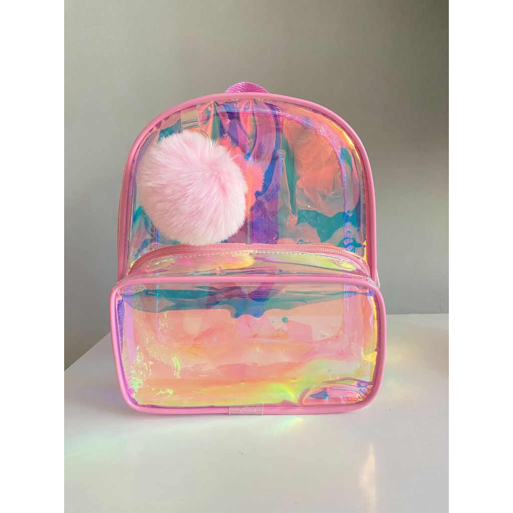 Mochila bolsa transparente holografica menina menino de passeio com pompom varias cores brinde para festa personalizados em Oferta na Shopee