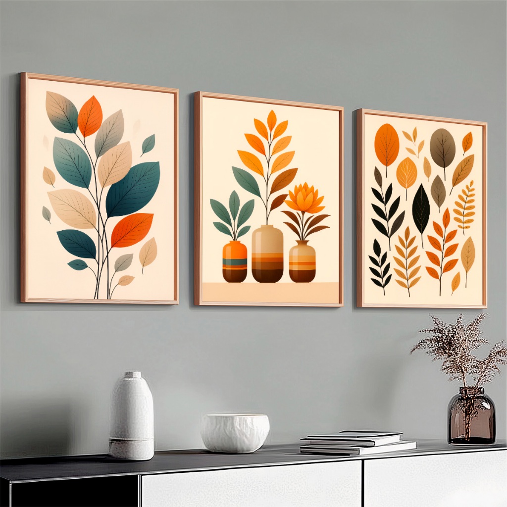 Kit 3 Quadros Decorativos Com Moldura Abstrato Floral Grande Moderno Para Sala Quartos Hall