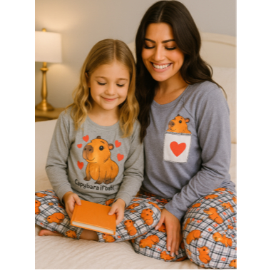 Kit C/ 2 Conjuntos de Pijama – 1 Adulto + 1 Infantil Mãe e Filha Estampa Capivara Inverno ...