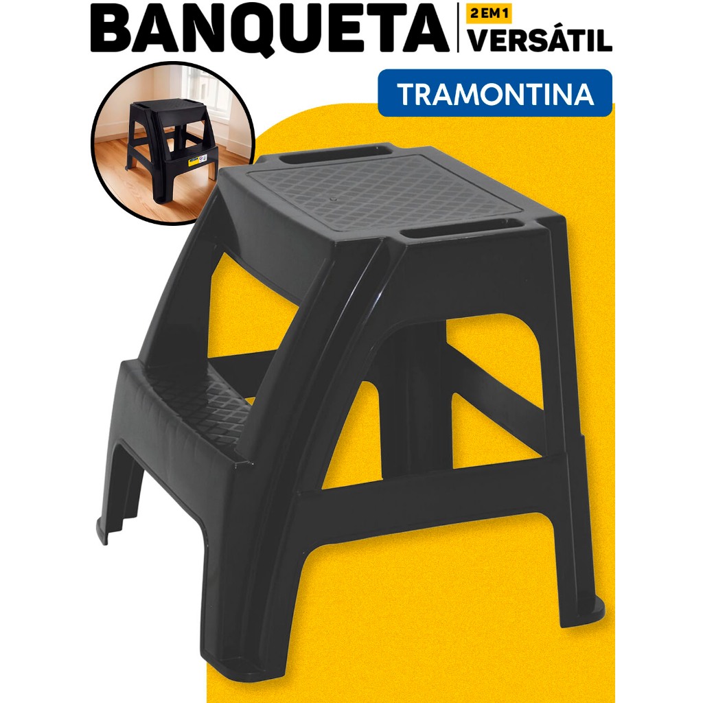 Banqueta Escada 2 Degraus Banquinho Plástico Reforçado Forte Multiuso Suporta 120kg Preto Tramontina