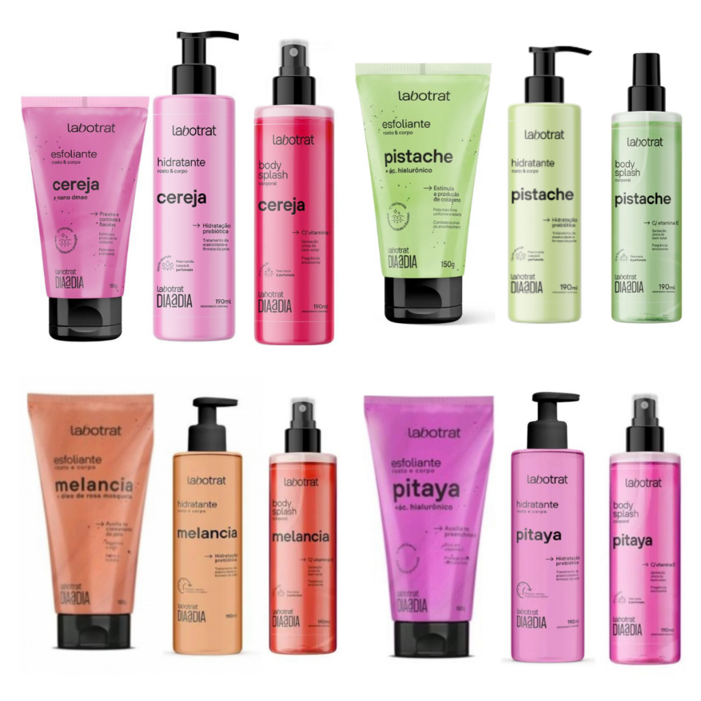 Kit Esfoliante 150g Hidratante 190 ml Body Splahs 190 ml - Labotrat Morango Pistache Melancia Cereja Hibisco