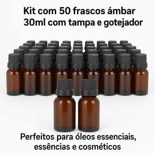 KIT 50 FRASCO  PET AMBAR 30ML COMPLETO TAMPA E GOTEJADOR em Oferta na Shopee