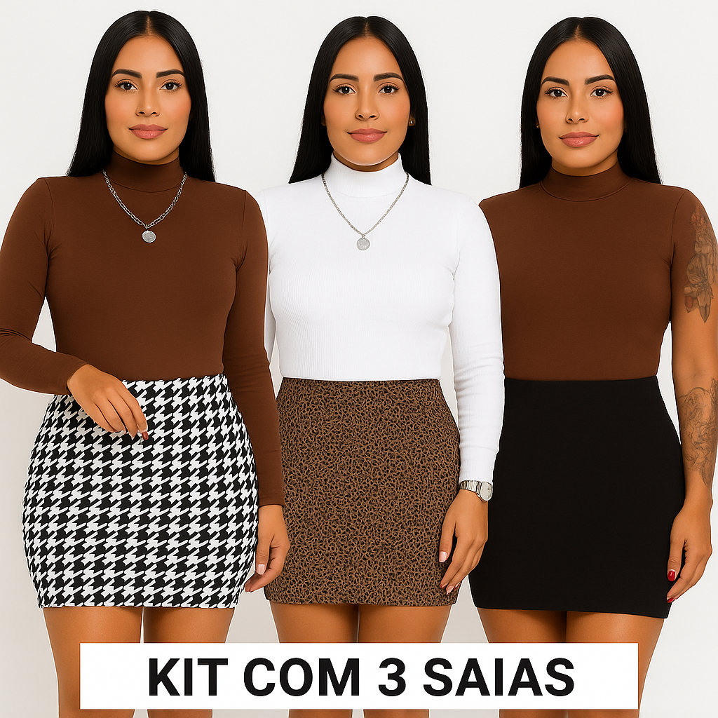 Kit com 3 saias suplex curta gringa  balada  feminina estampada e lisa