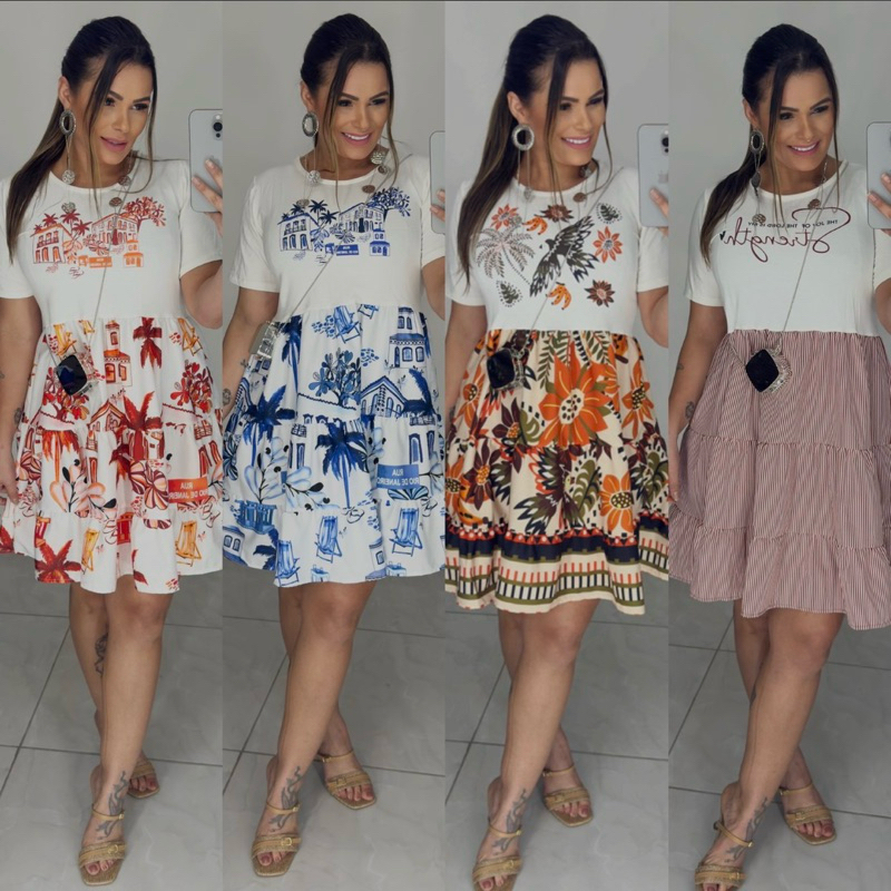 Vestido curto camisetão inspirado em estampas tropicais