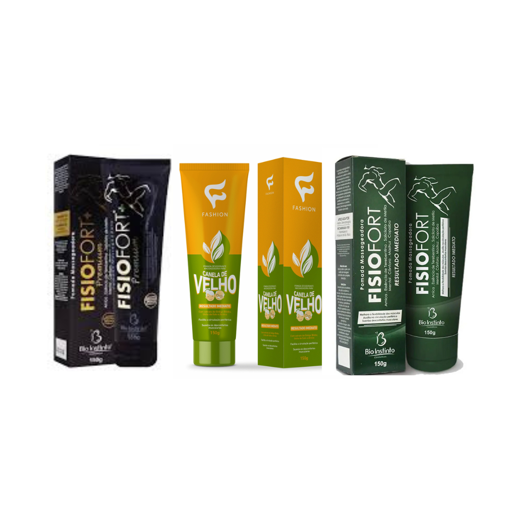 Kit 3 Pomadas Massageadoras Fisiofort+ Premium 150g + Canela de Velho + Fisiofort Verde