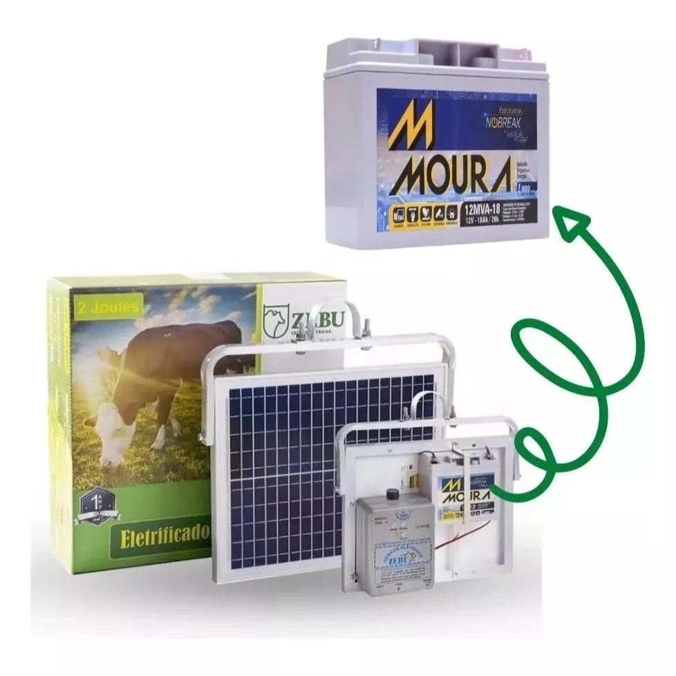 Eletrificador Placa Solar c/Bateria Moura Cerca Elétrica Rural 50km Zebu zs50ibi