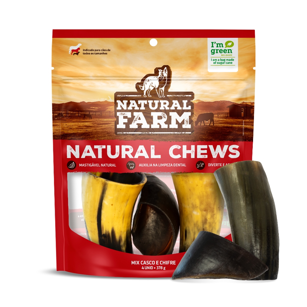 Mix Casco e Chifre Bovino Pacote COM 4 unidades Natural Farm 378g Mordedor Natural Cães Recheável