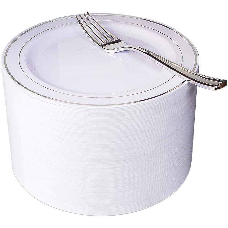 Kit 100, pratos de sobremesa descartáveis de plástico prata com garfos prata, conjunto para festa para 50 convidados