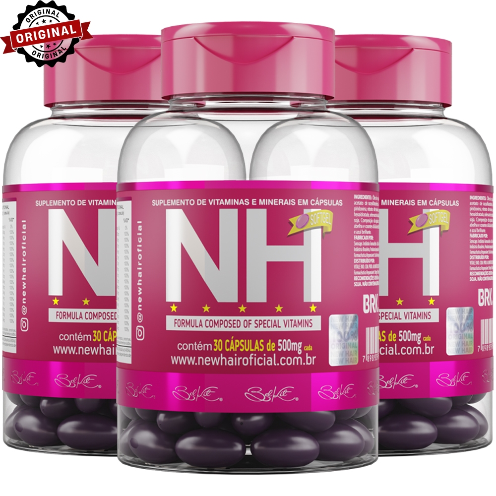 COMBO 3 potes NH New Hair 30 cápsulas (Vitamina para cabelos) - Crescimento capilar, combate a queda