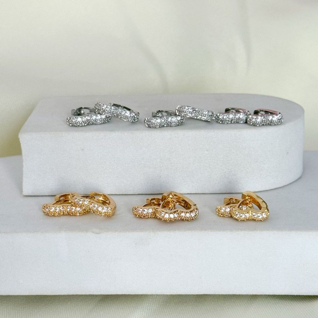 Kit Trio Brincos Argola Cravejadas Coração Luxo Zircônia Feminina Delicada Banhado em Ouro 18k  Acesórios Femininos