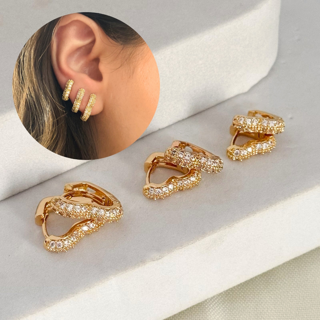 Kit Trio Brincos Argola Cravejadas Coração Luxo Zircônia Feminina Delicada Banhado em Ouro 18k  Acesórios Femininos em Oferta na Shopee
