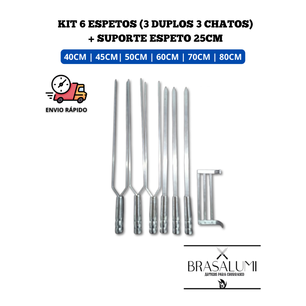KIT P/ CHURRASCO 6 ESPETO (3 DUPLO 3 CHATO) + SUPORTE 25CM