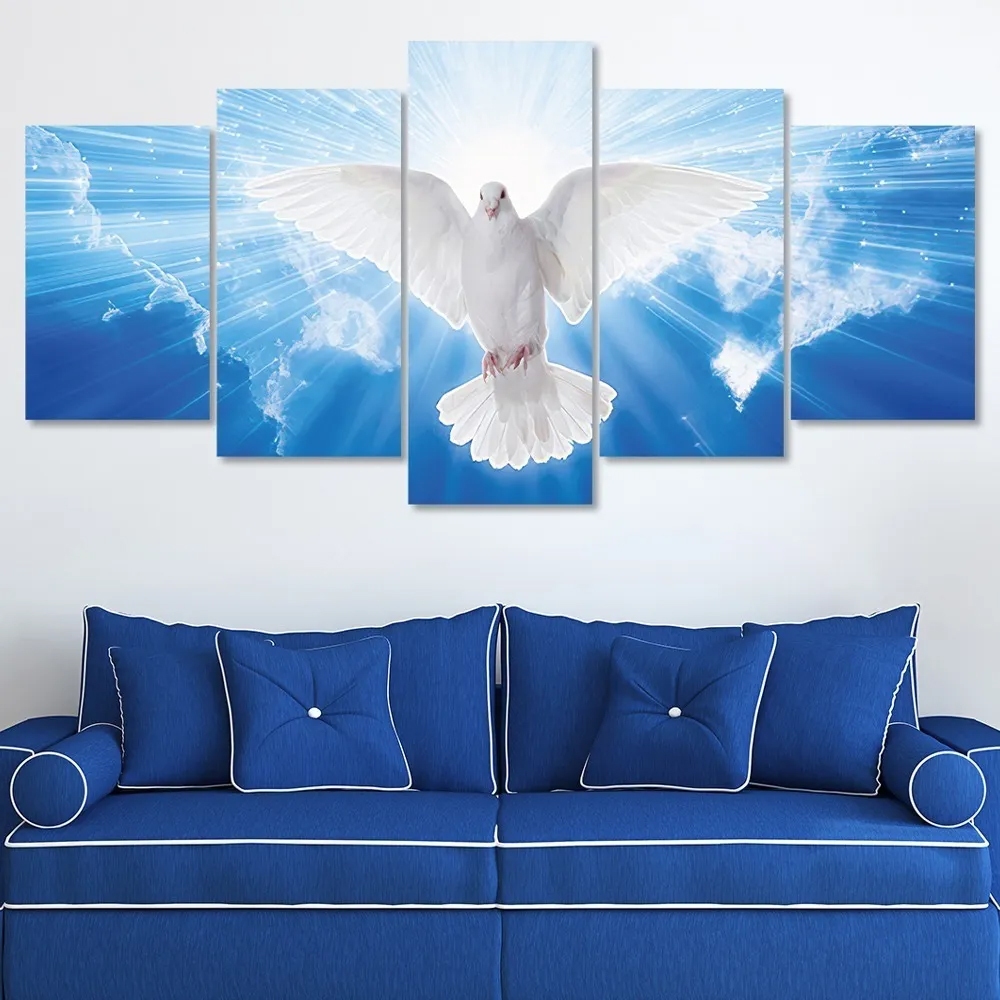 Quadro Decorativo Mosaico 5 Peças Espírito Santo Luz Pomba Divina Sala Quarto Hall Religioso