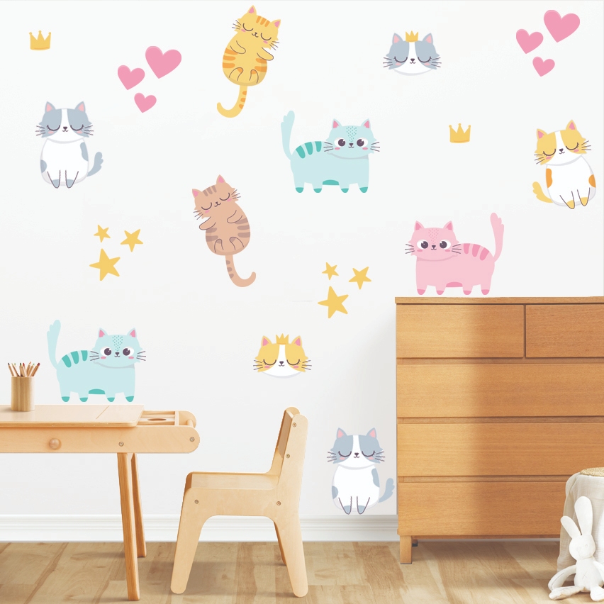 Adesivo De Parede Infantil Gatos Gatinhos Estrelas Pet Shop Gt3