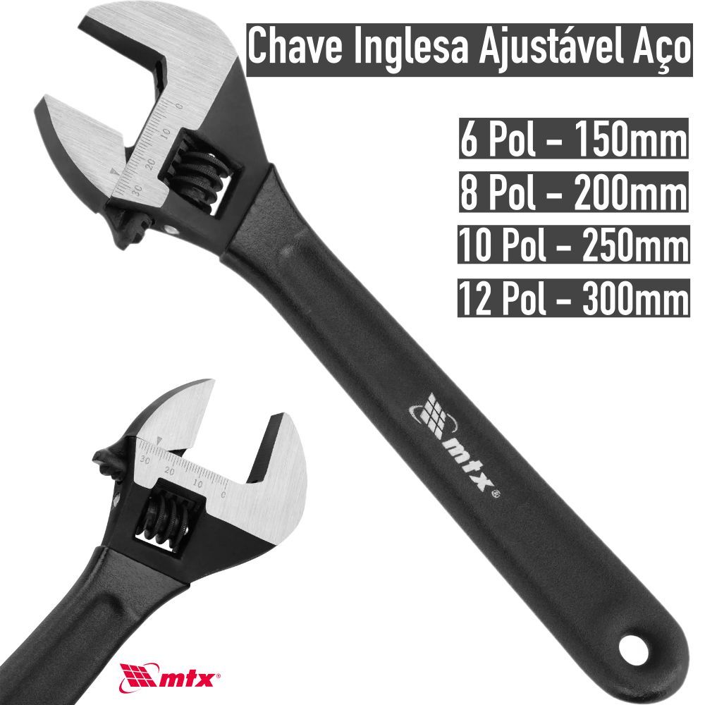 Chave Inglesa Aço c/ Cabo Emborrachado 6 Pol, 8 Pol, 10 Pol, 12 Pol - MTX