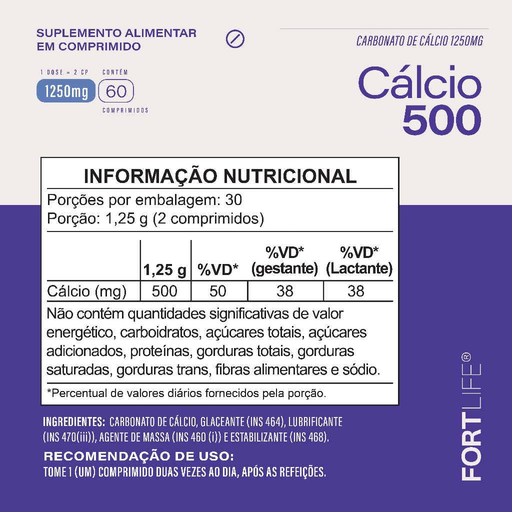 Detalhes do Cálcio 500 - Carbonato de Cálcio 1250mg 60 Comprimidos