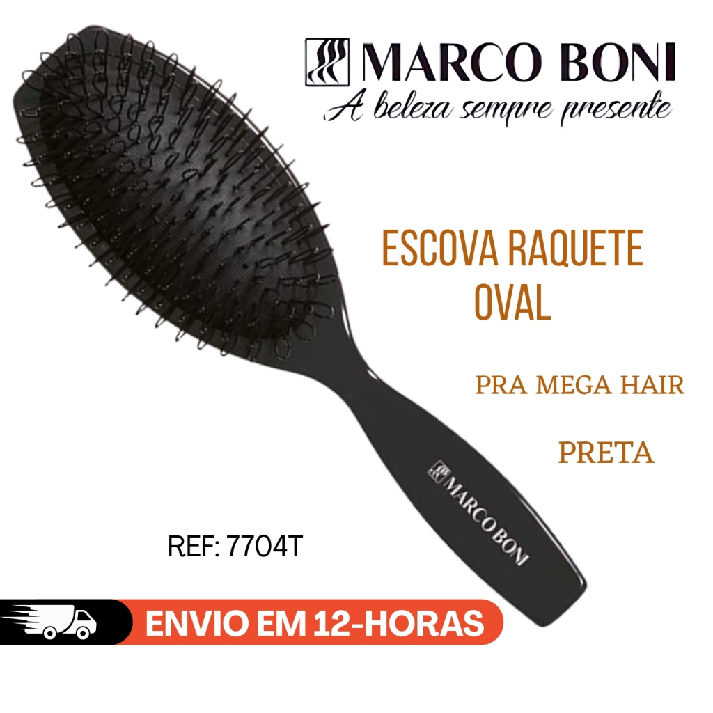 ESCOVA RAQUETE OVAL PRETA PRA MEGA HAIR FORMATO ERGONOMICO REF:7704T | MARCO BONI em Oferta na Shopee