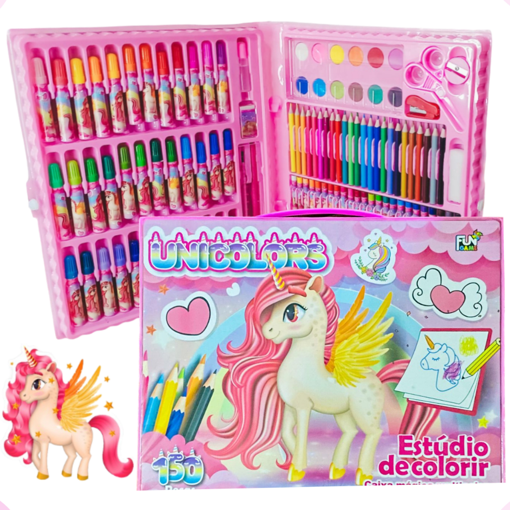 Kit Maleta Escolar Menina Pintura Infantil 150 Peças Estúdio Para Colorir Mundo Unicórnio