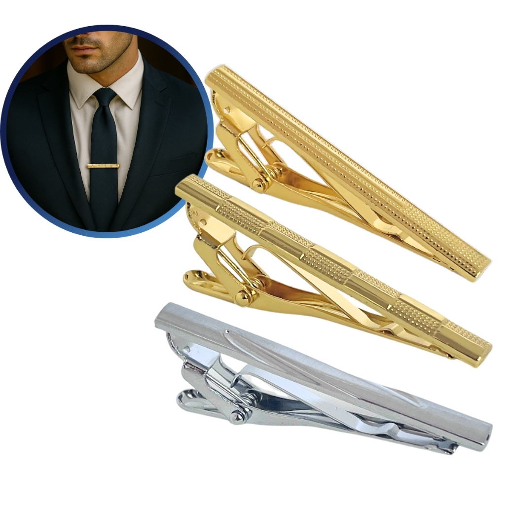 Kit 3 Prendedor De Gravata Grampo Trabalhado Luxo Social Aço Dourado e Prata