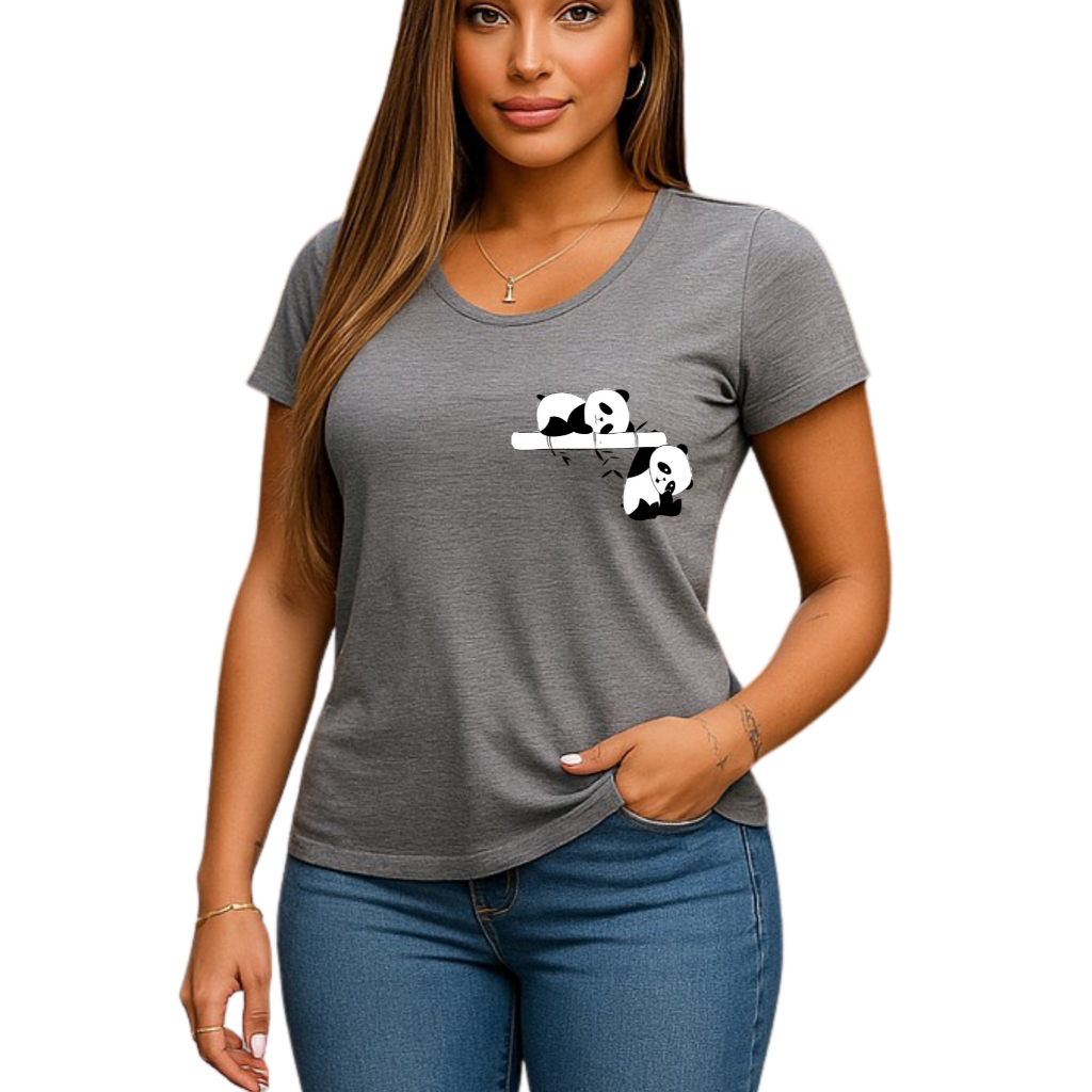 Blusa Feminina Manga Curta Estampa Dois Pandinhas Fofo Dorminhoco 🐼💤 em Oferta na Shopee