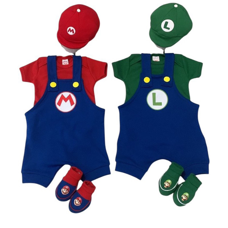 kit 4 peças Mário-luigi-macacão bebê, body bebê, temas mesversário, temáticos personagens rescém