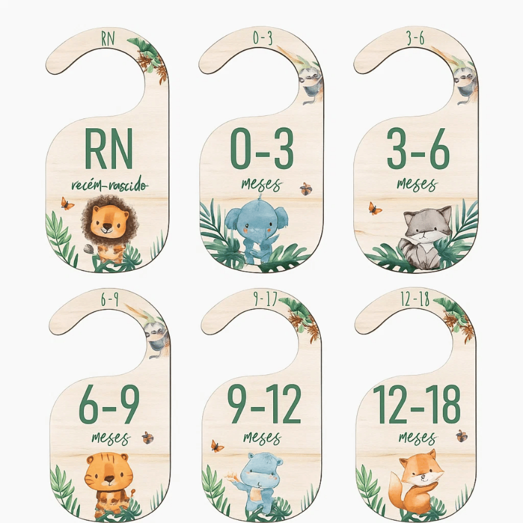 Kit Separador de Cabides Bebê Safari - 6 Peças em MDF para Organização do Enxoval