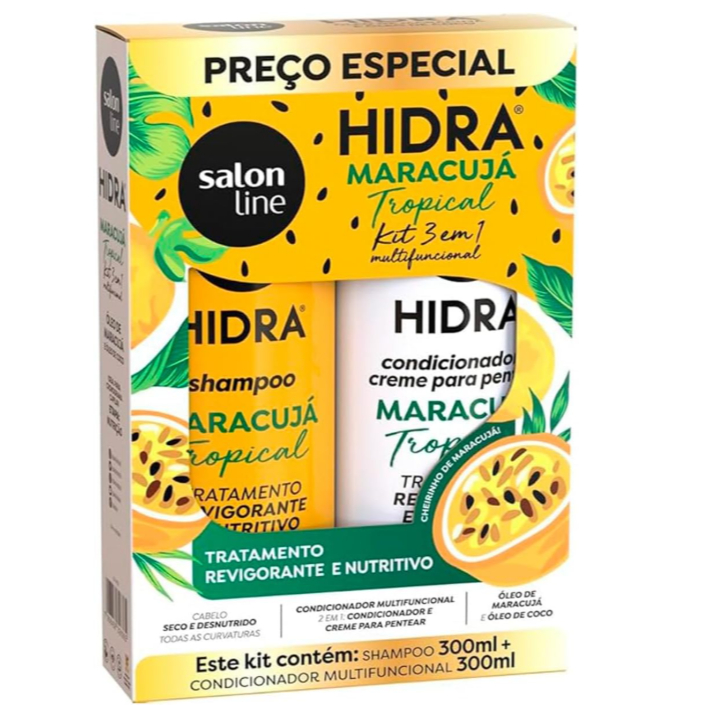 Kit Shampoo e Condicionador, Hidra Maracujá Tropical, Vegano - Para Todos os TIpos de Cabelos 300 ml cada Salon Line