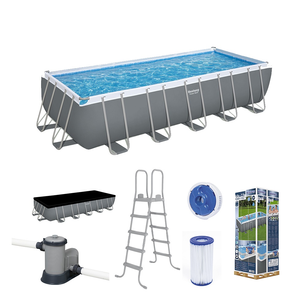 Piscina Estruturada Retangular 19.281 Litros Power Steel + Bomba Filtrante + Escada + Capa Bestway em Oferta na Shopee