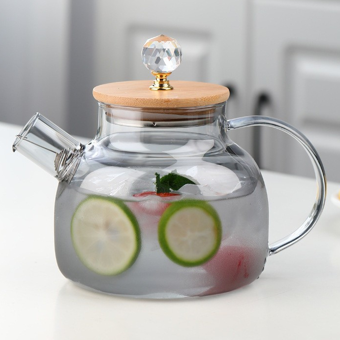 Bule Chaleira de Vidro que vai ao fogo com Infusor cozinha Tampa Bambu 1Litro