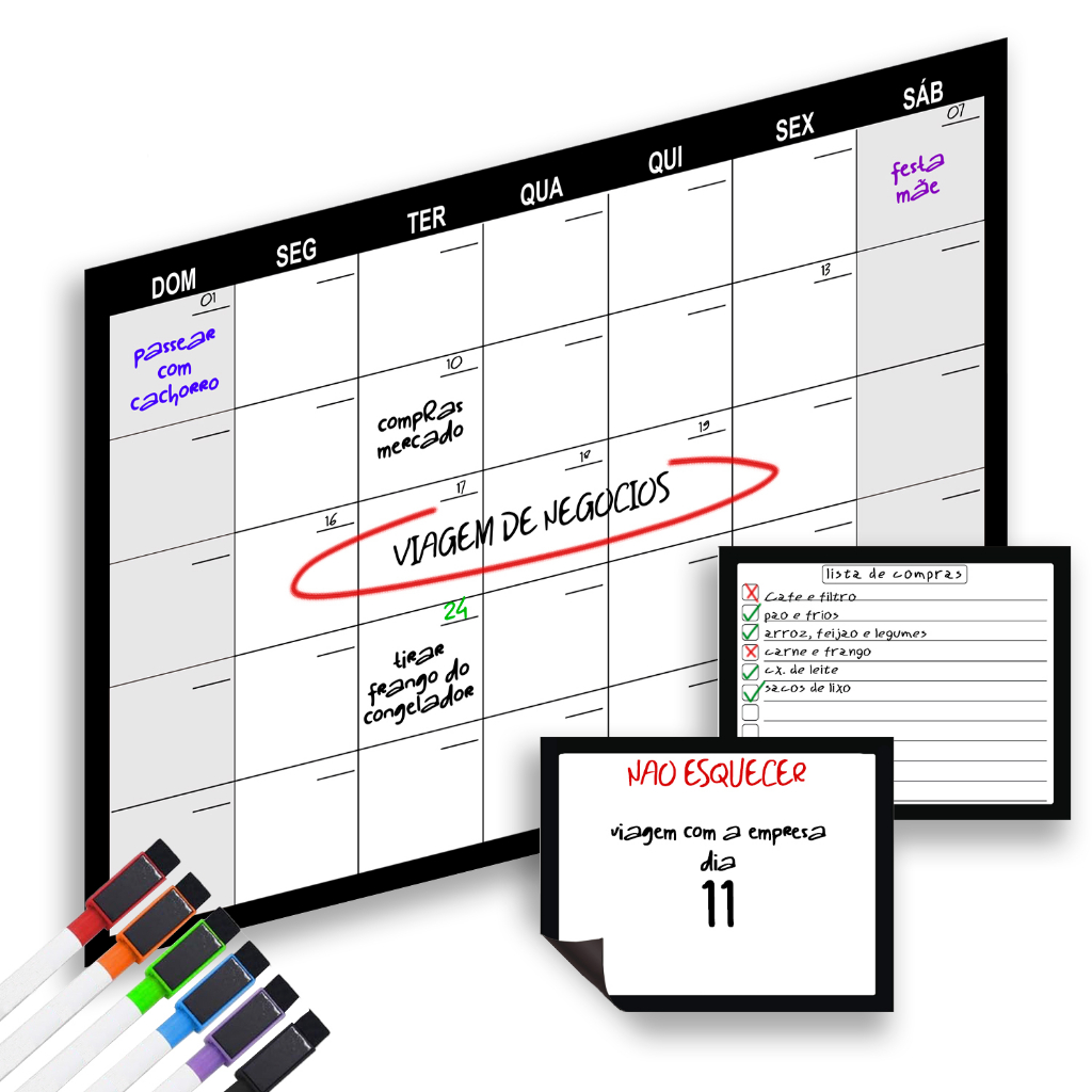 Quadro branco planner mensal planejamento de geladeira 30x40cm +2 quadros de anotações + 6 canetas