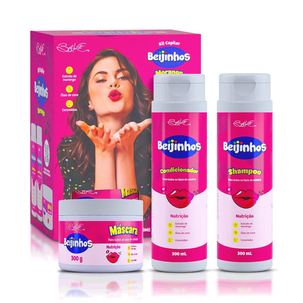 Kit Capilar 3 itens Beijinhos Morango Recontrução Maciez e Brilho Belkit