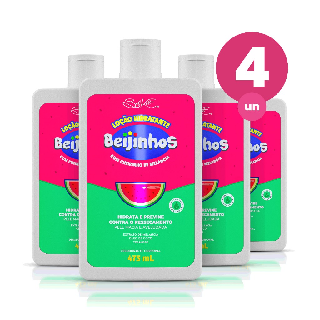 Kit 4 Loção Hidratante Desodorante Corporal Beijinhos Melancia 475ml Belkit