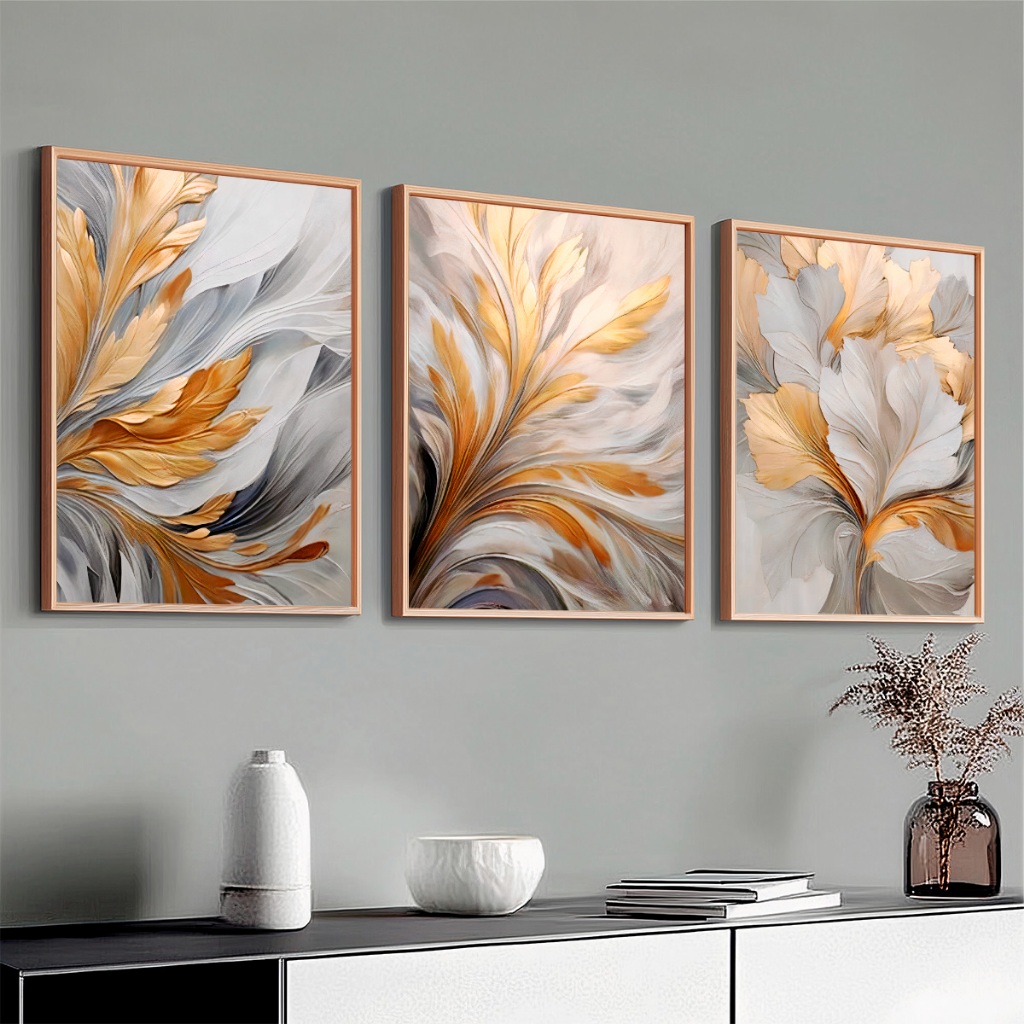 Trio Quadros Decorativos 40x60 cm Moldura e Vidro Para Sala Quarto Folhagem