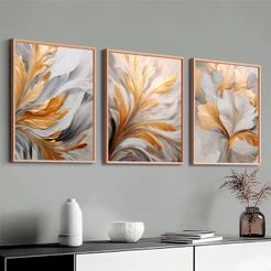 Trio Quadros Decorativos 40x60 cm Moldura e Vidro Para Sala Quarto Folhagem