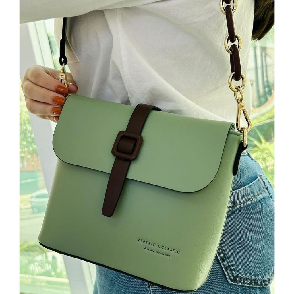 Bolsa Feminina Veryrio Tiracolo Alça com Detalhe Corrente Moderna Couro de Luxo