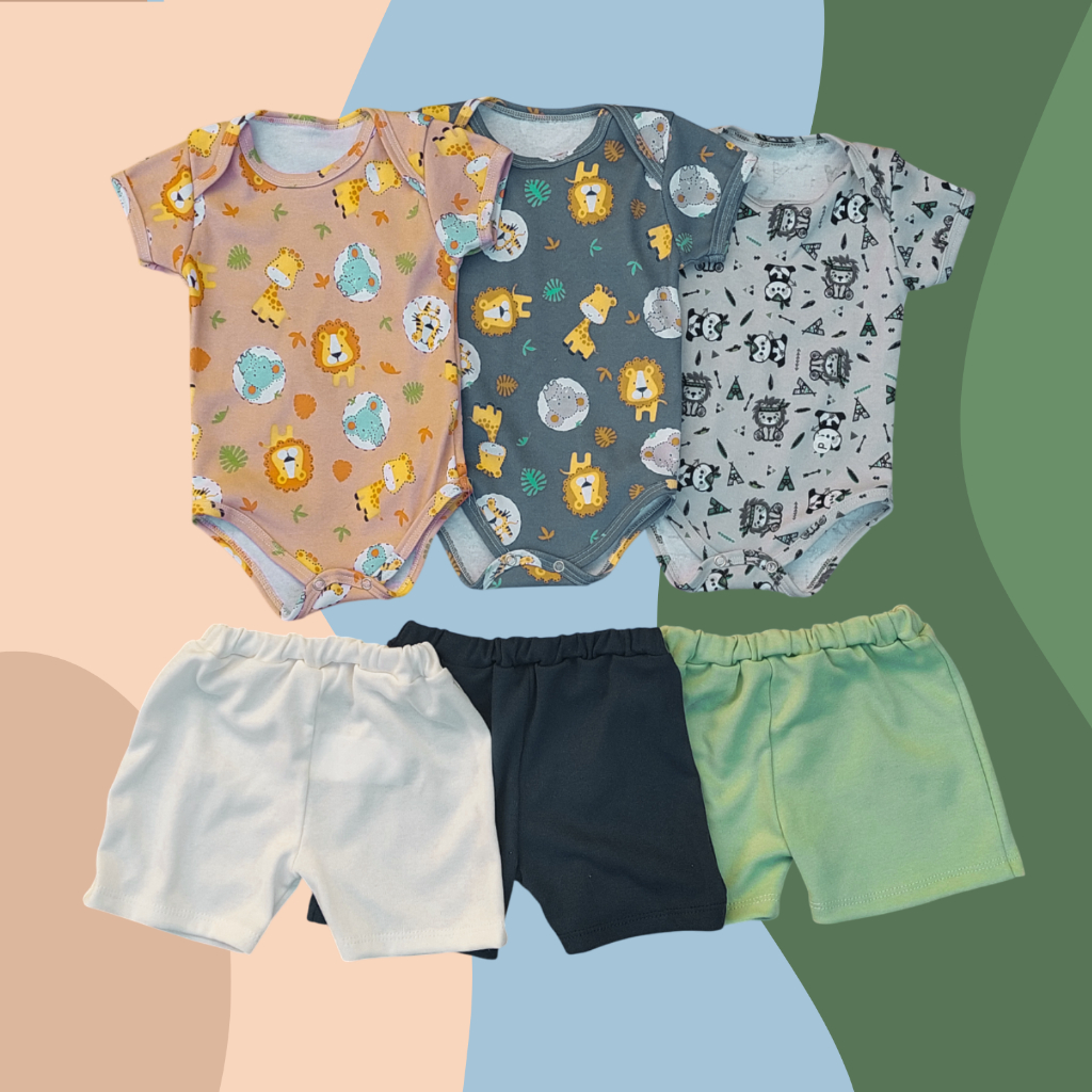 Conjunto kit Menino Body Estampa Animais Safari Shorts Algodão/Suedine Verão Roupa Bebê Infantil