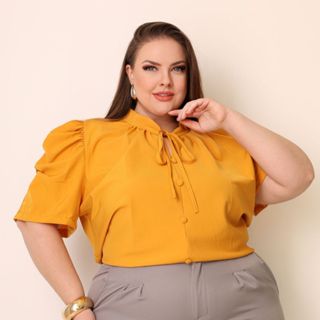 Blusa Feminina Plus Size Gola Lacinho Manga Curta Com Botoes em Oferta na Shopee